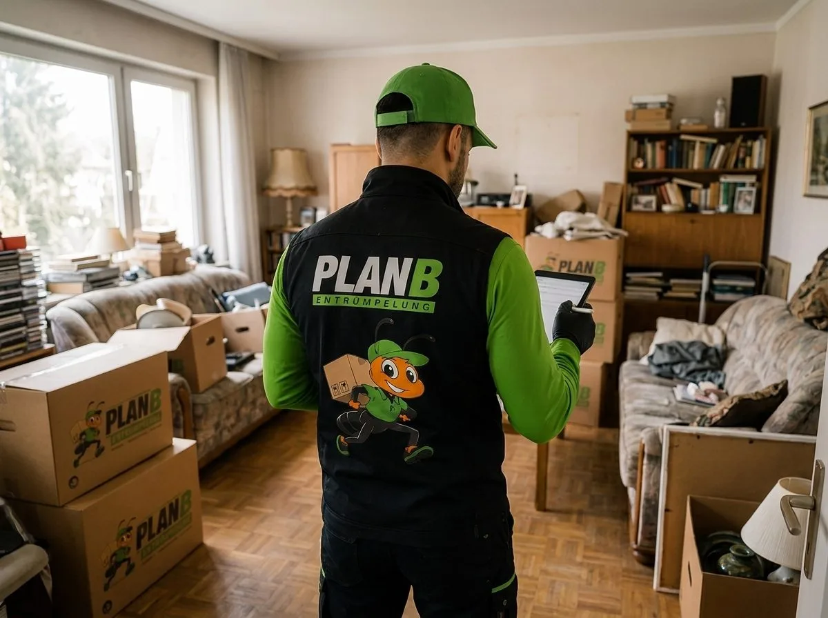 Plan B Mitarbeiter plant die Entrümpelung im vollgestellten Wohnzimmer
